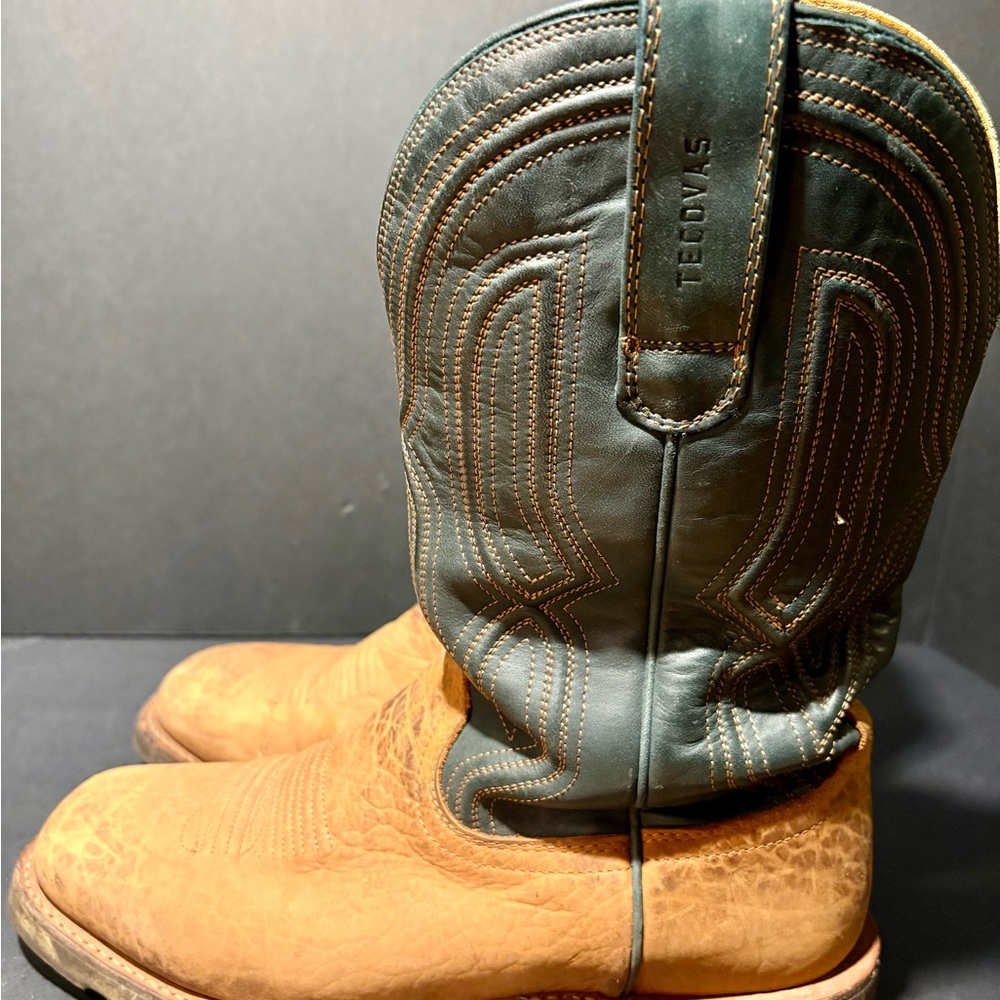 Tecovas Tan and Green Leather Western Style square toe boots with Vibram soles - Picture 3 of 7
